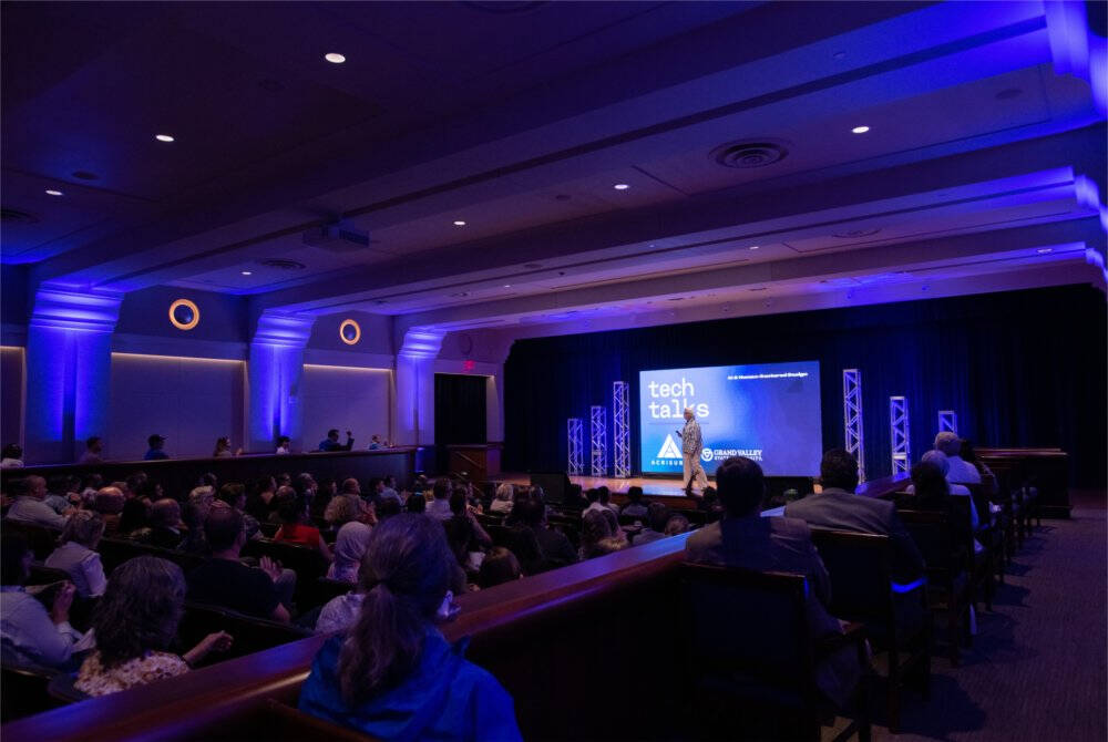 Cindy Warner, CEO of 360ofme, Inc., speaks as part of "Tech Talks: AI & Human-Centered Design" at the DeVos Center's Loosemore Auditorium in Grand Rapids on September 18.